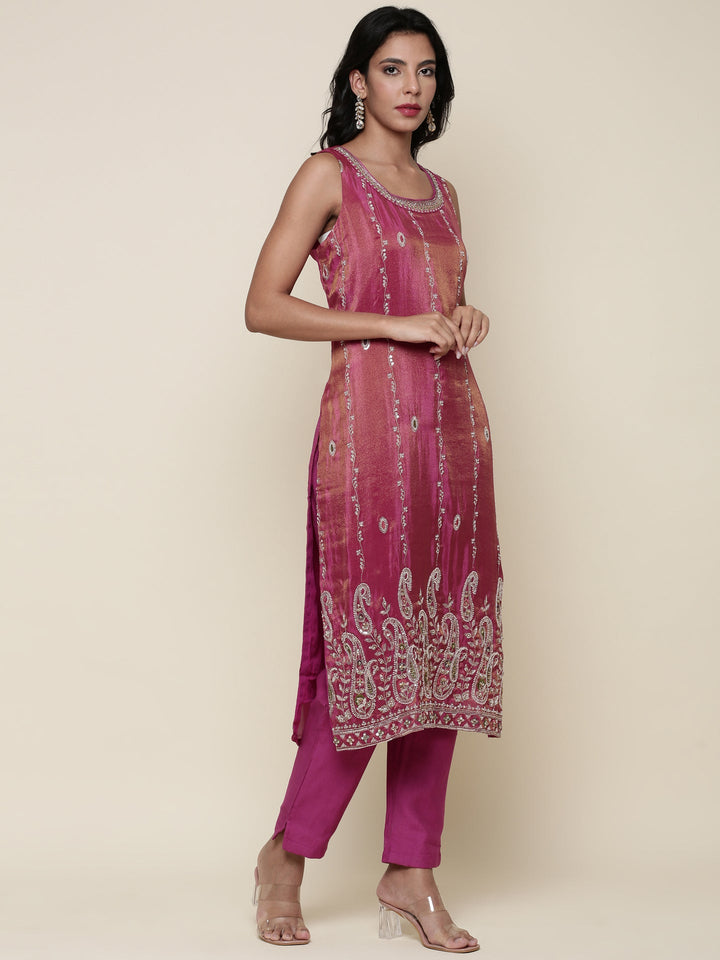 Magenta Tissue suit embroidered three piece set