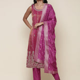 Magenta Tissue suit embroidered three piece set