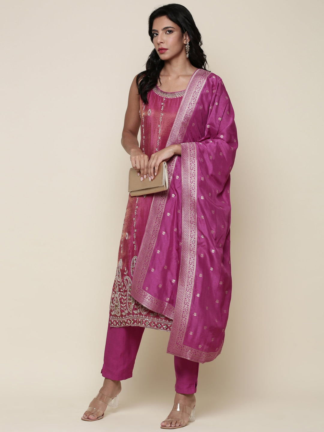 Neerus Pink tissue embroidered suit set - detail view 3
