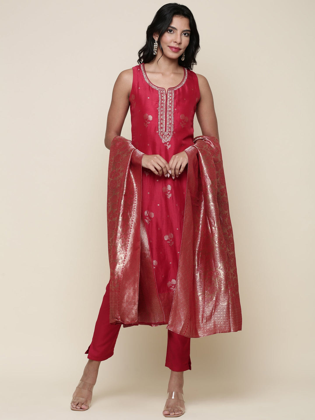 Neerus Red silk embroidered suit set - front view
