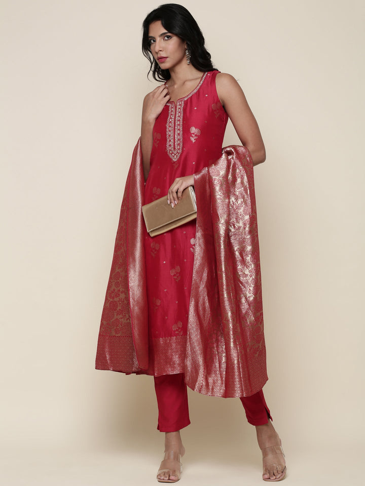 Silk red embroidered Three piece suit set
