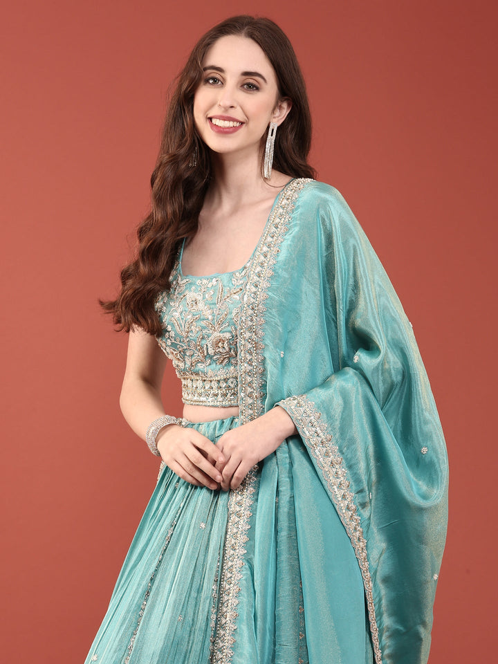 Teal Tissue Aari Heavy Embroidered Ghagra Set