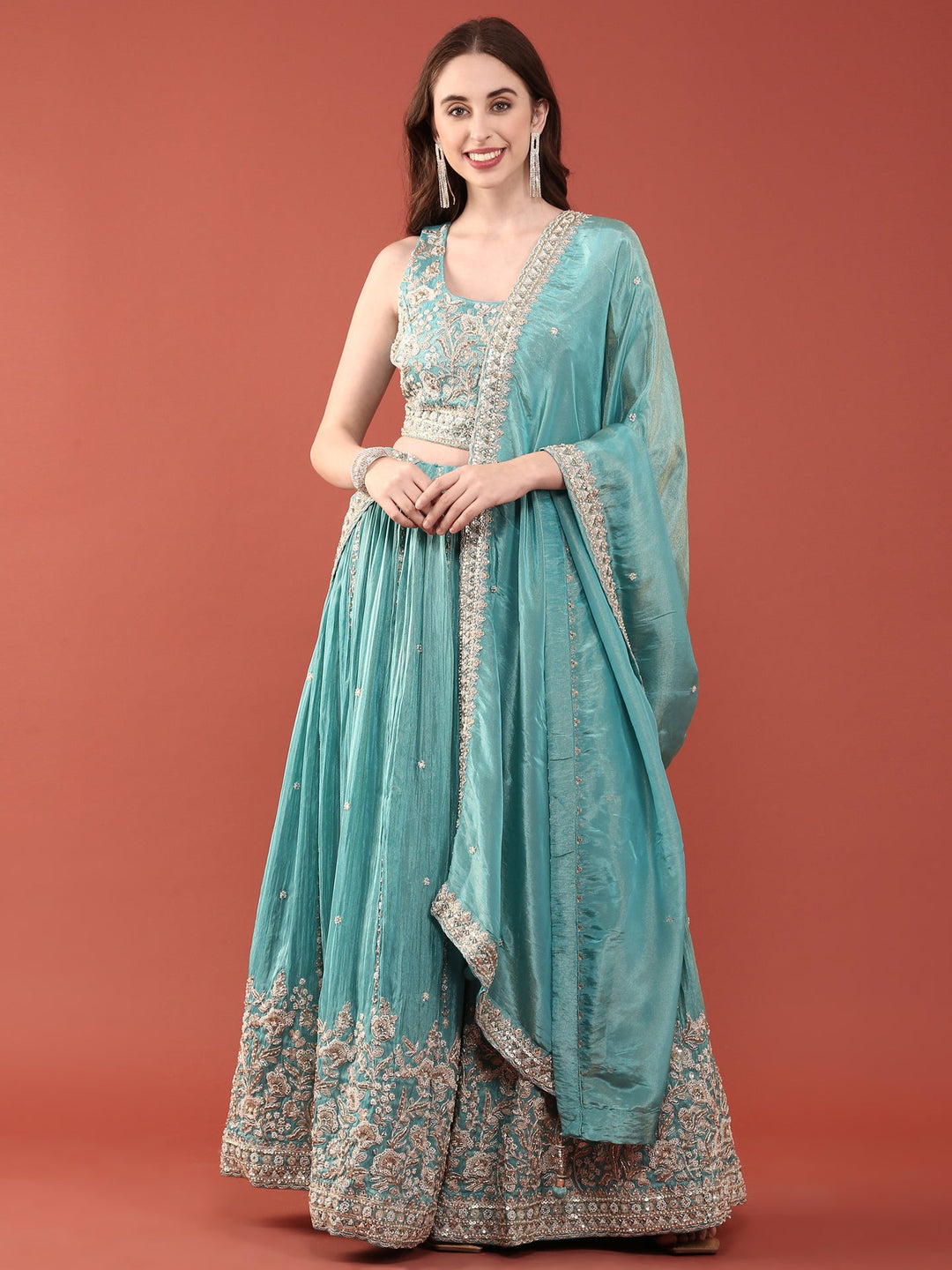 Neerus Green tissue hand embroidered lehenga set - back view