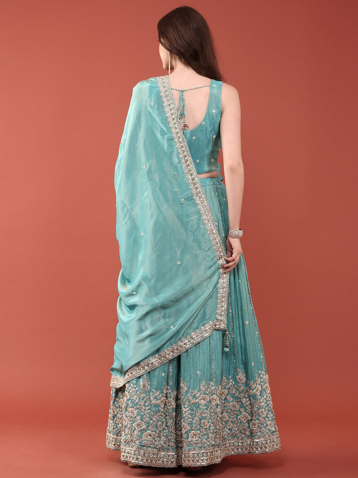 Teal Tissue Aari Heavy Embroidered Ghagra Set