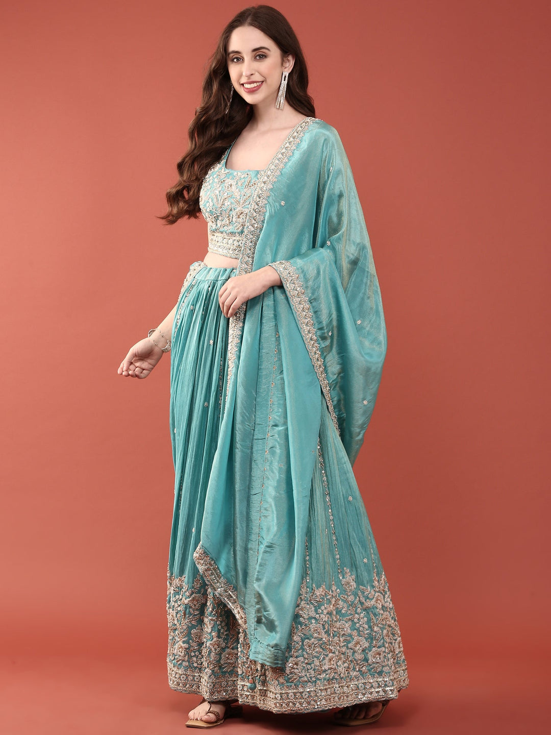 Neerus Green tissue hand embroidered lehenga set - front view