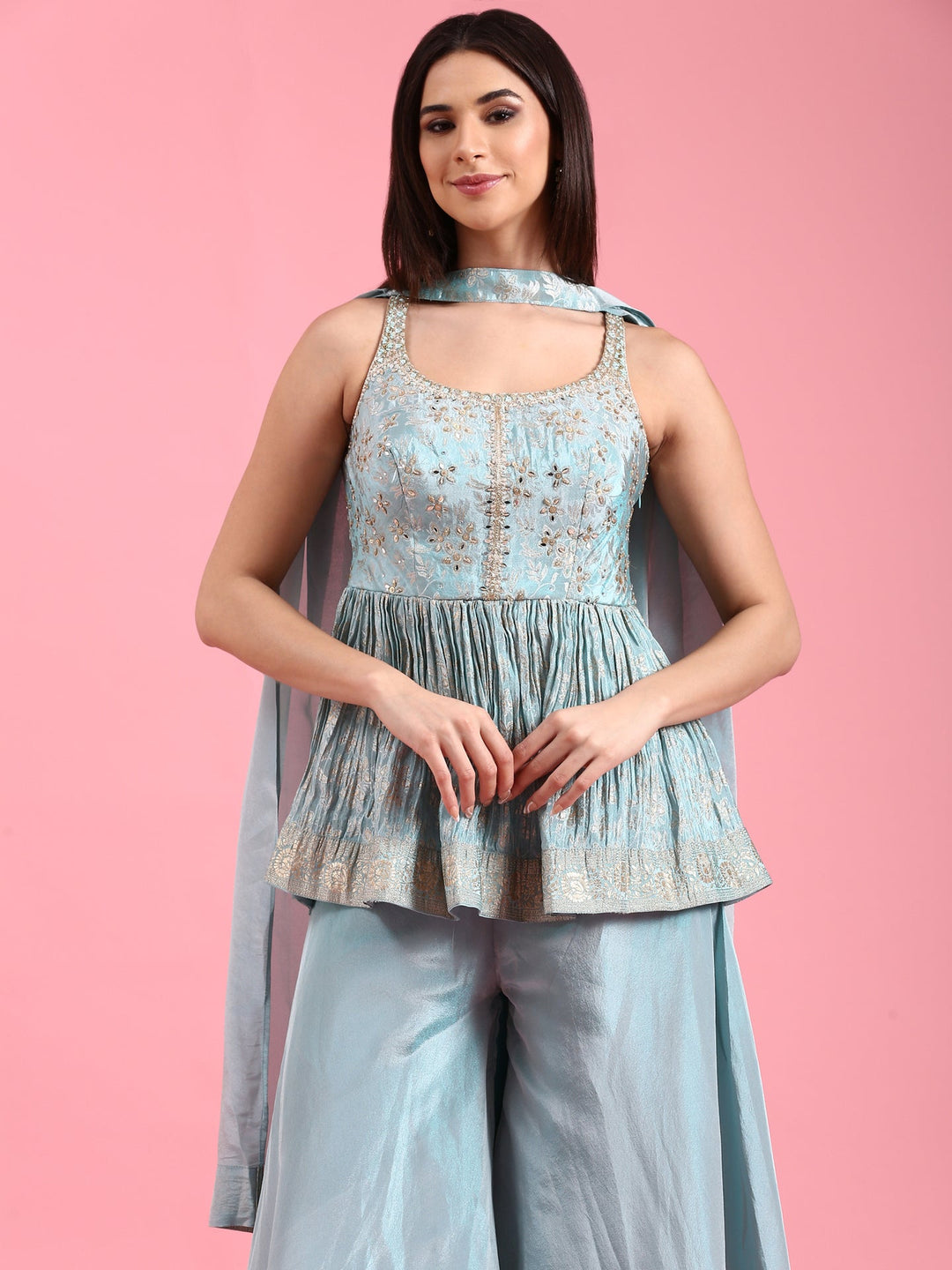 Neerus Blue Banarasi embroidered peplum palazzo suit set - detail view 3