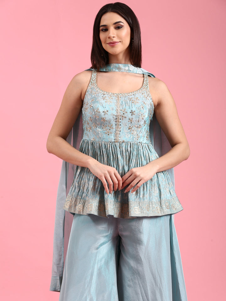 Neerus Blue Banarasi embroidered peplum palazzo suit set - detail view 3