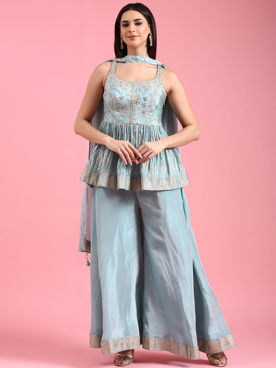 Neerus Blue Banarasi embroidered peplum palazzo suit set - back view