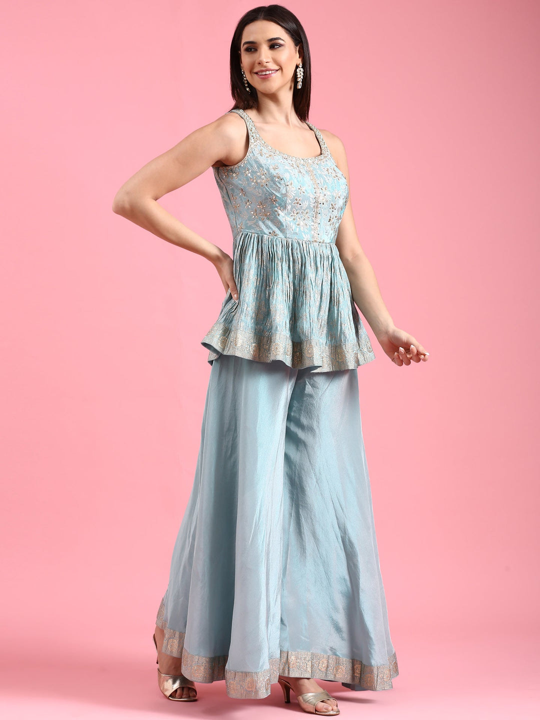 Neerus Blue Banarasi embroidered peplum palazzo suit set - side view