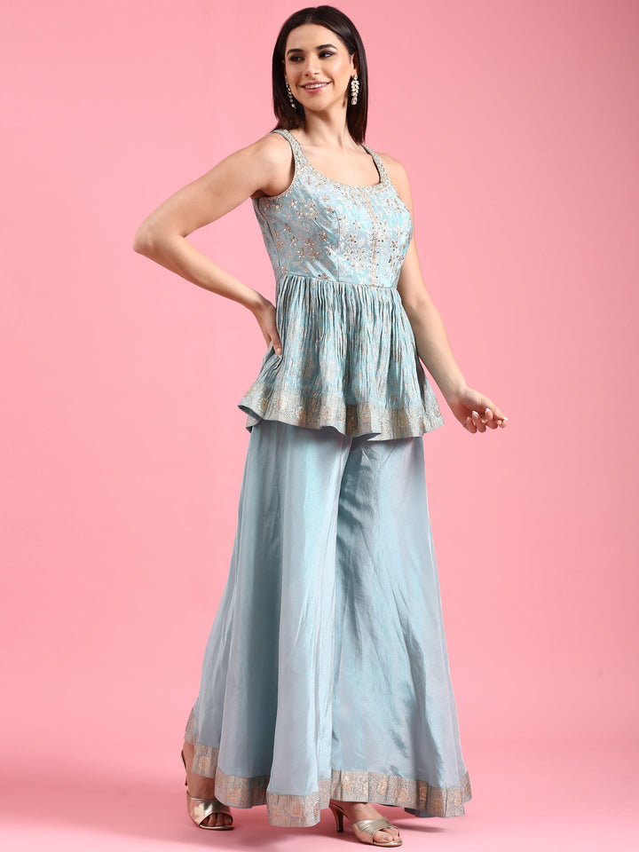 Neerus Blue Banarasi embroidered peplum palazzo suit set - side view