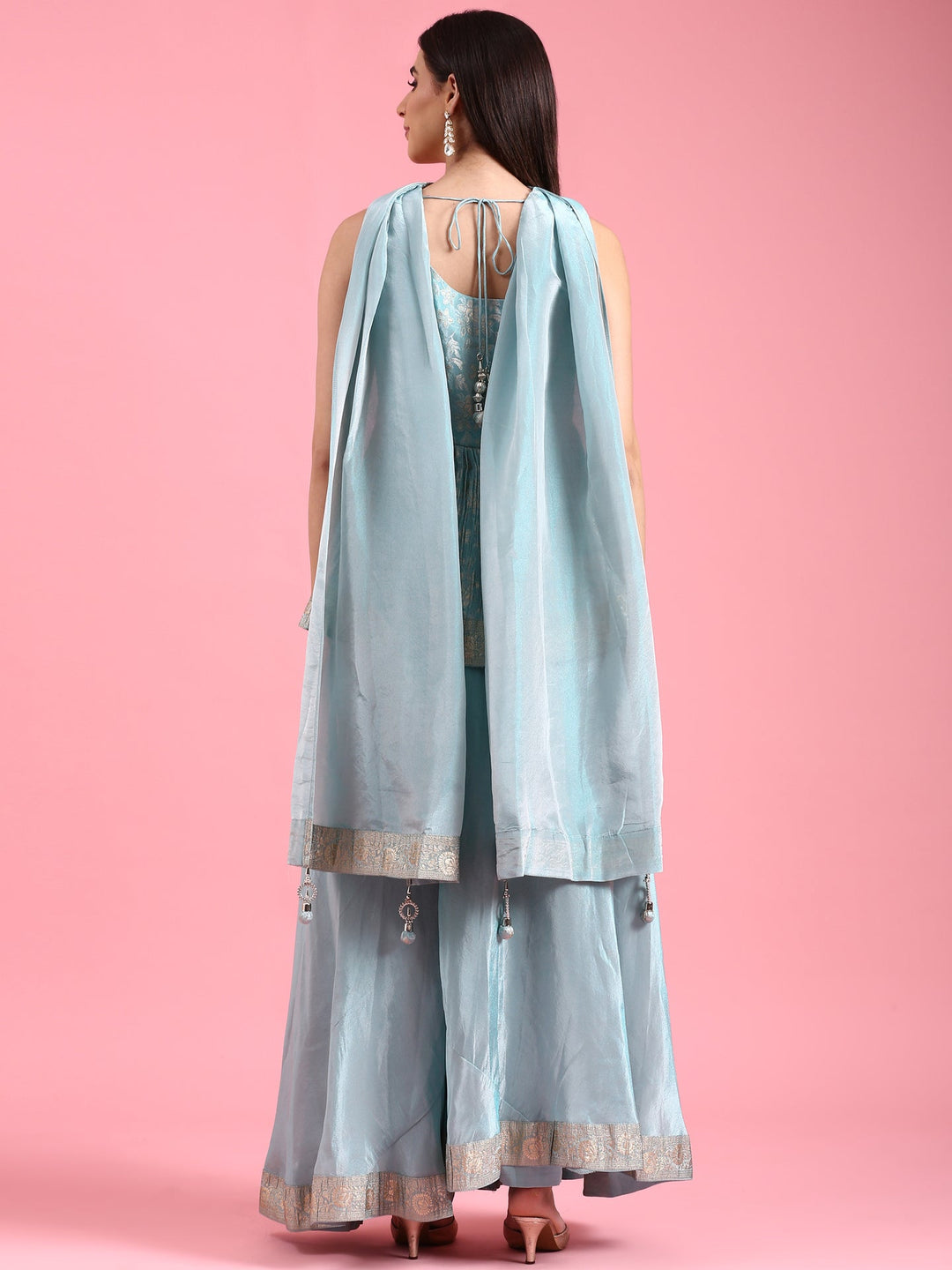 Neerus Blue Banarasi embroidered peplum palazzo suit set - detail view 1