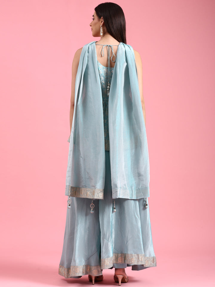 Neerus Blue Banarasi embroidered peplum palazzo suit set - detail view 1