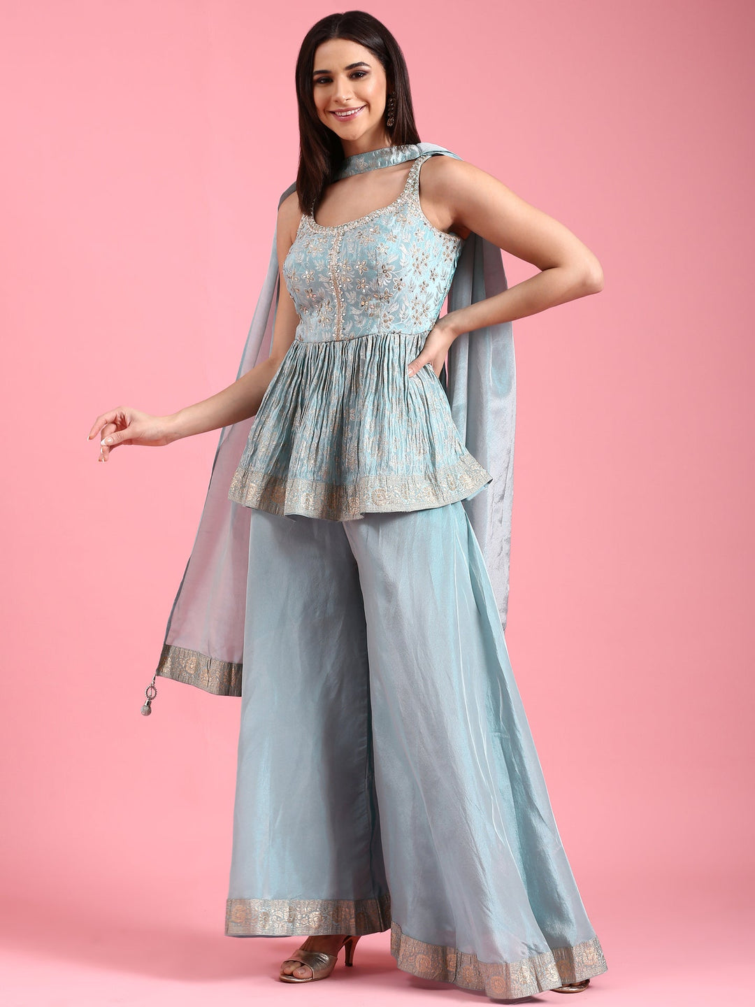 Neerus Blue Banarasi embroidered peplum palazzo suit set - front view