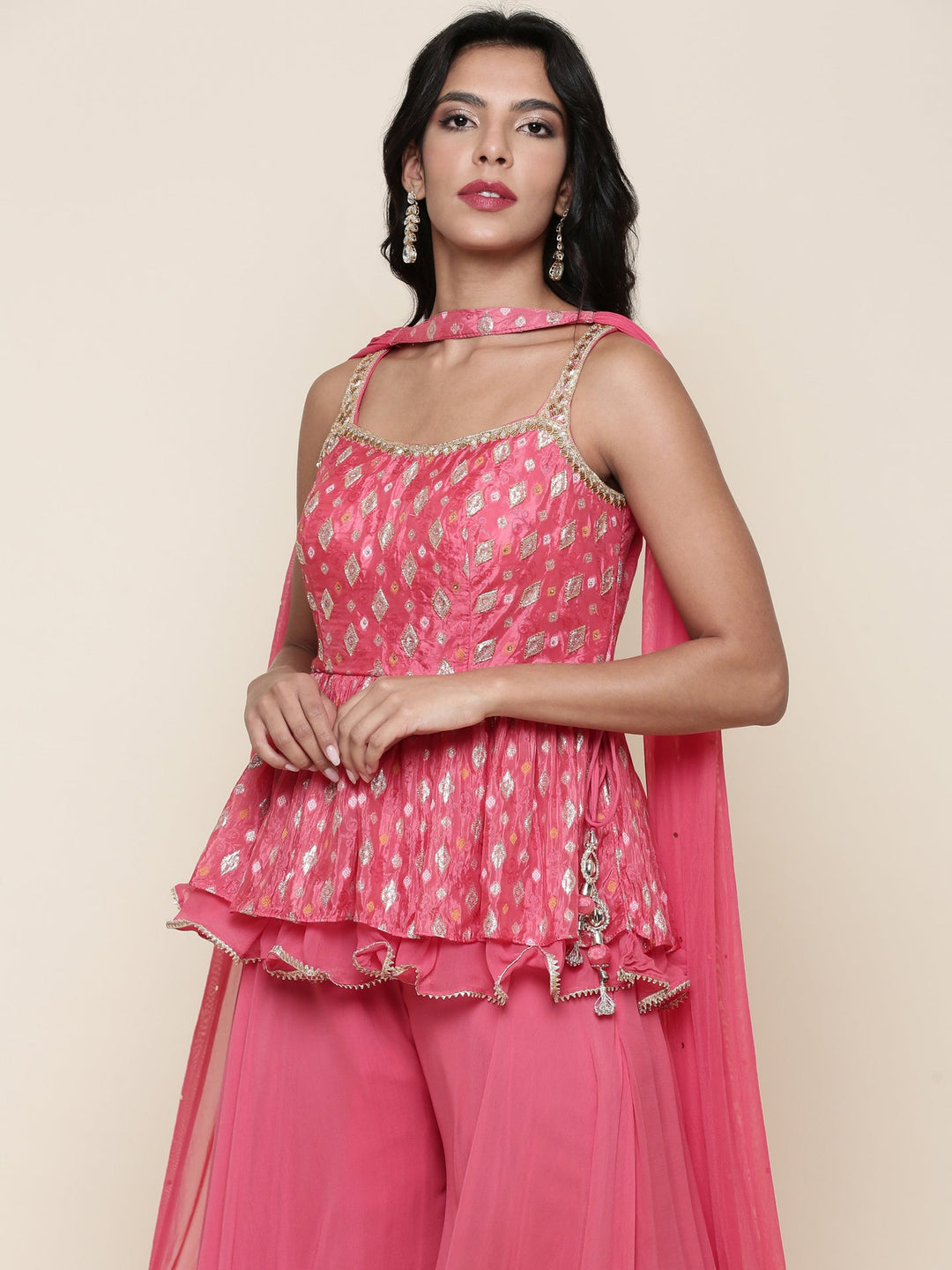 Neerus Orange georgette peplum suit set - detail view 3