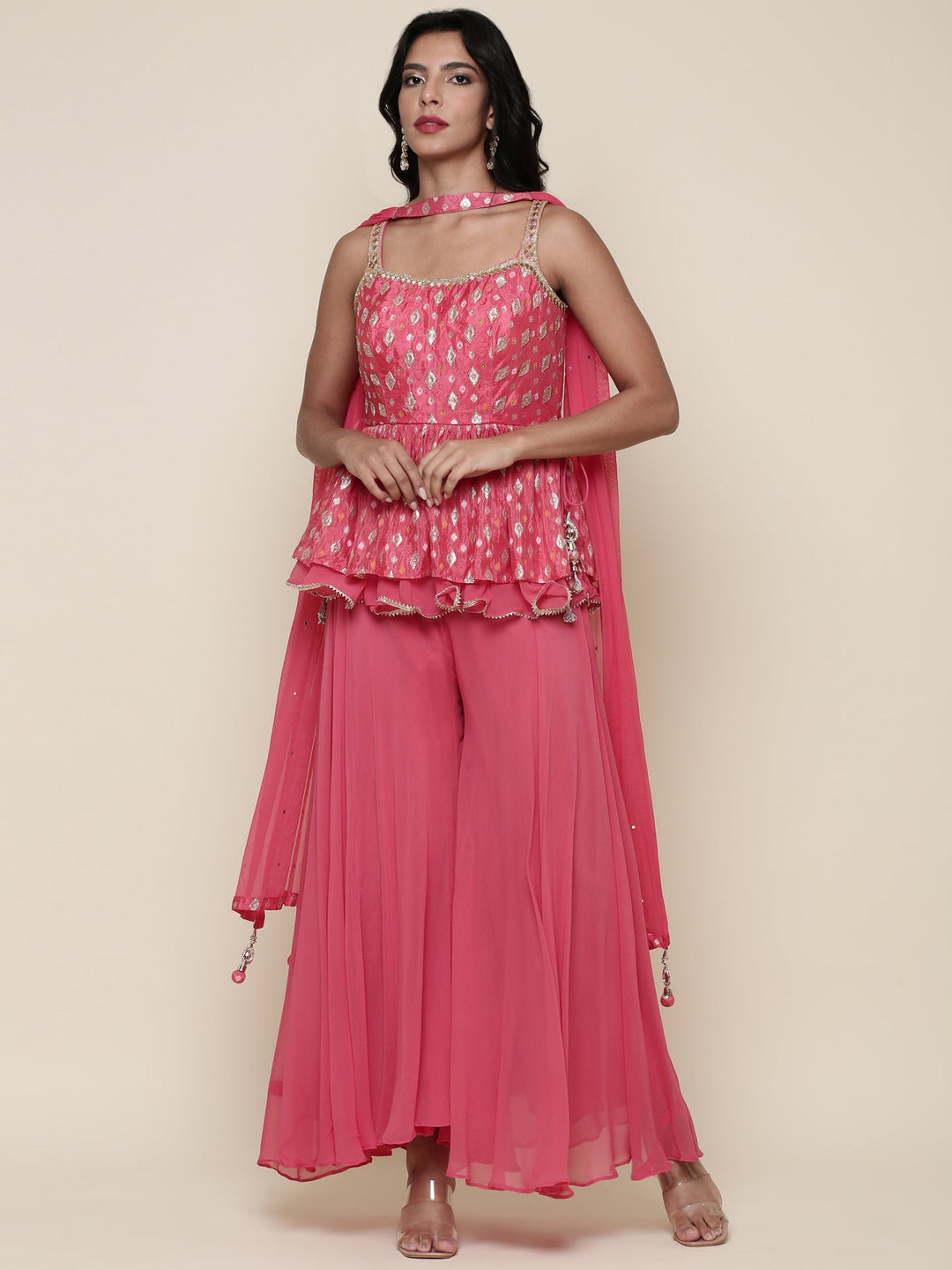 Neerus Orange georgette peplum suit set - front view