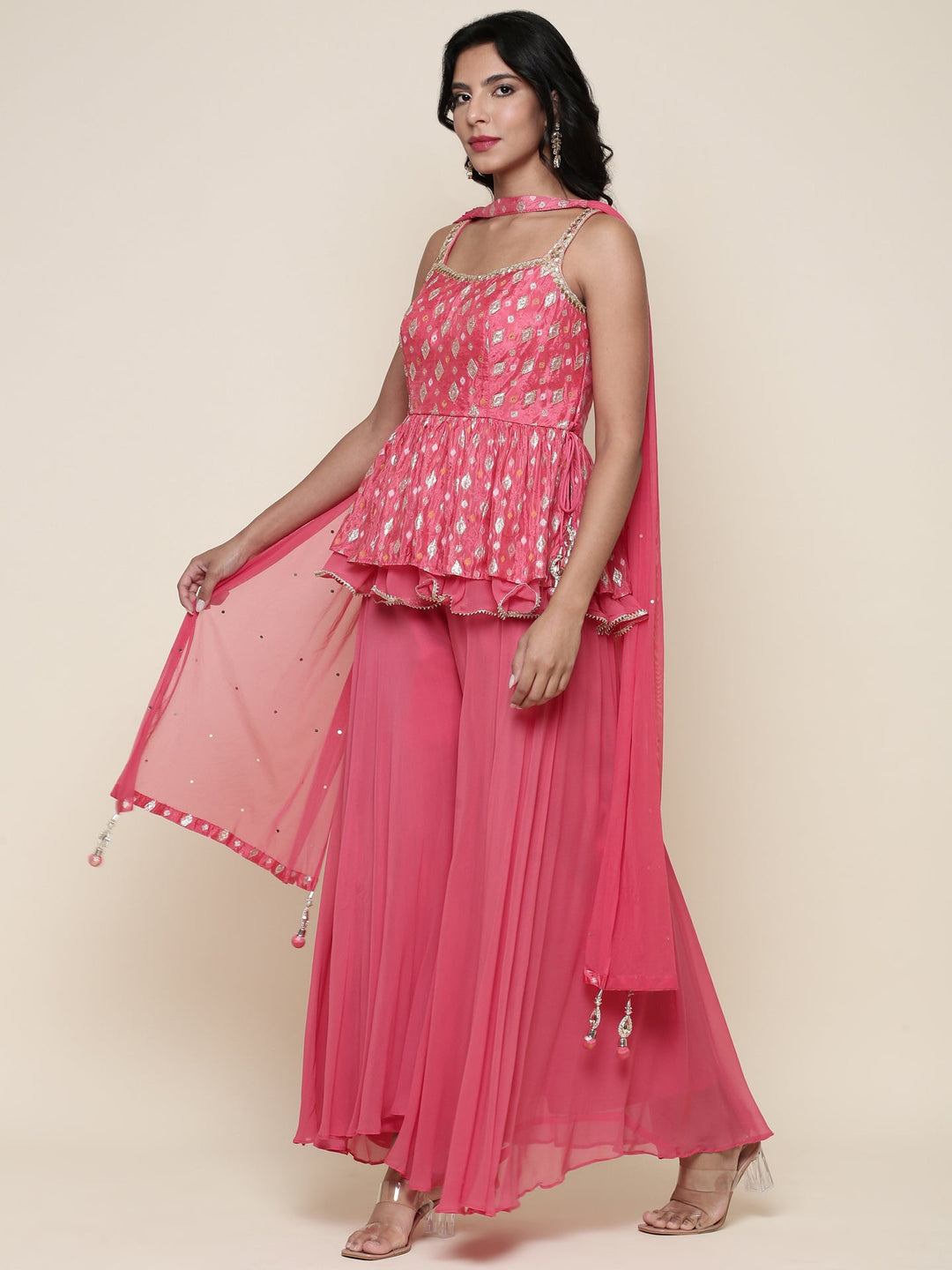 Neerus Orange georgette peplum suit set - detail view 2