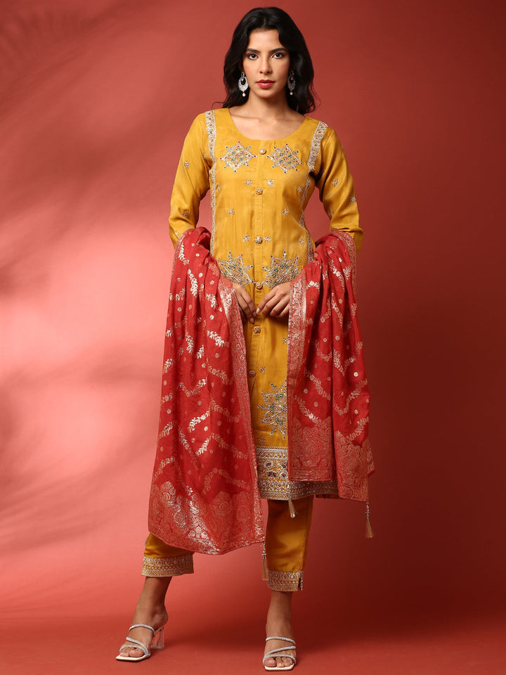 Neerus Yellow tissue embroidered suit set - back view