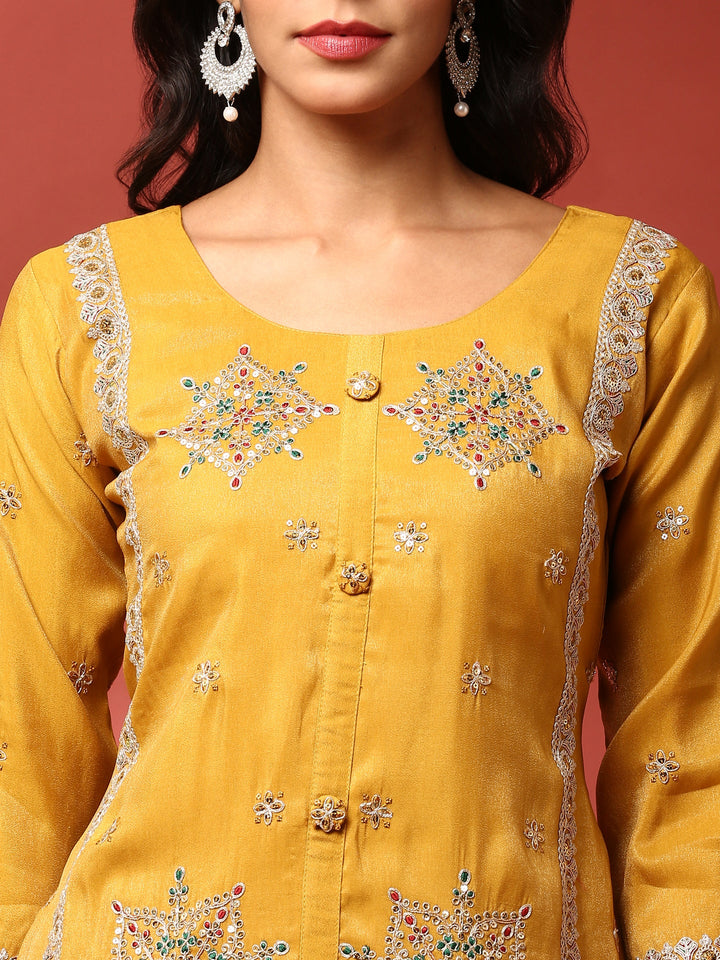 Mustard tissue fabric embroidered three piece suit set with contrast dupatta