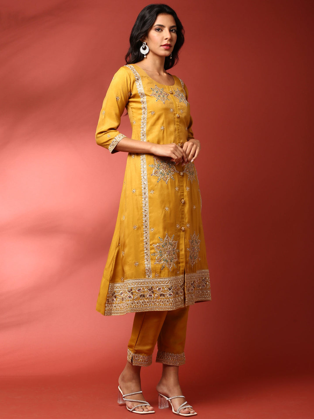 Neerus Yellow tissue embroidered suit set - side view