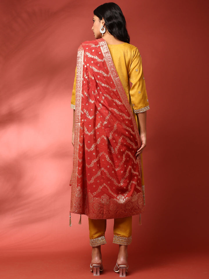 Neerus Yellow tissue embroidered suit set - detail view 1