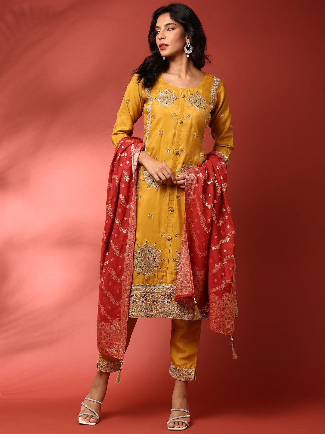 Neerus Yellow tissue embroidered suit set - front view