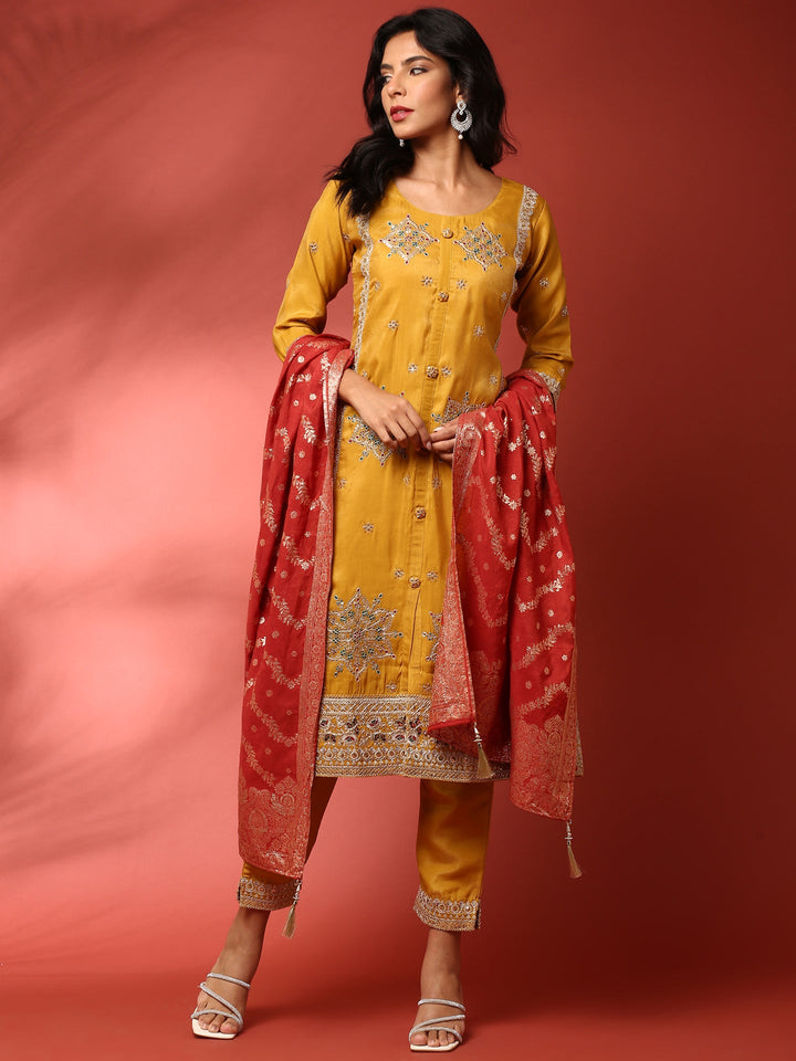 Neerus Yellow tissue embroidered suit set - front view