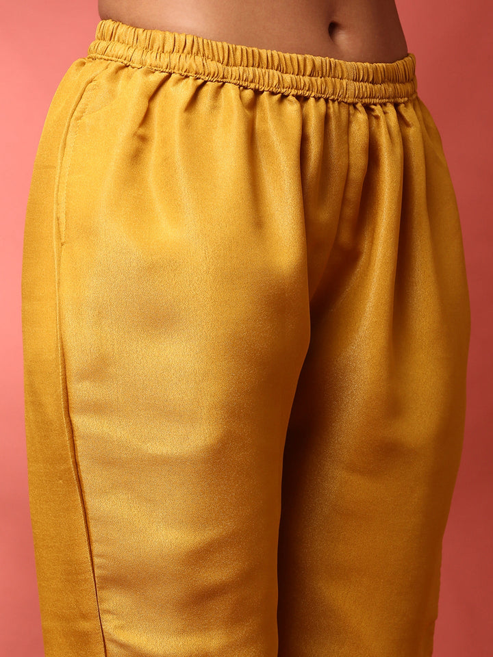 Mustard tissue fabric embroidered three piece suit set with contrast dupatta