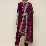Magenta silk embroidered three piece anarkali set