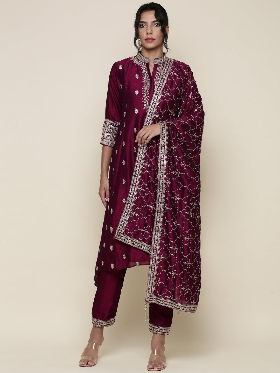 Neerus Pink silk embroidered Anarkali suit set - front view