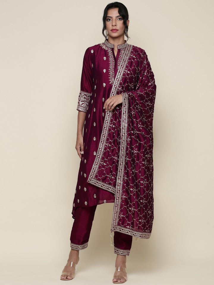 Neerus Pink silk embroidered Anarkali suit set - front view