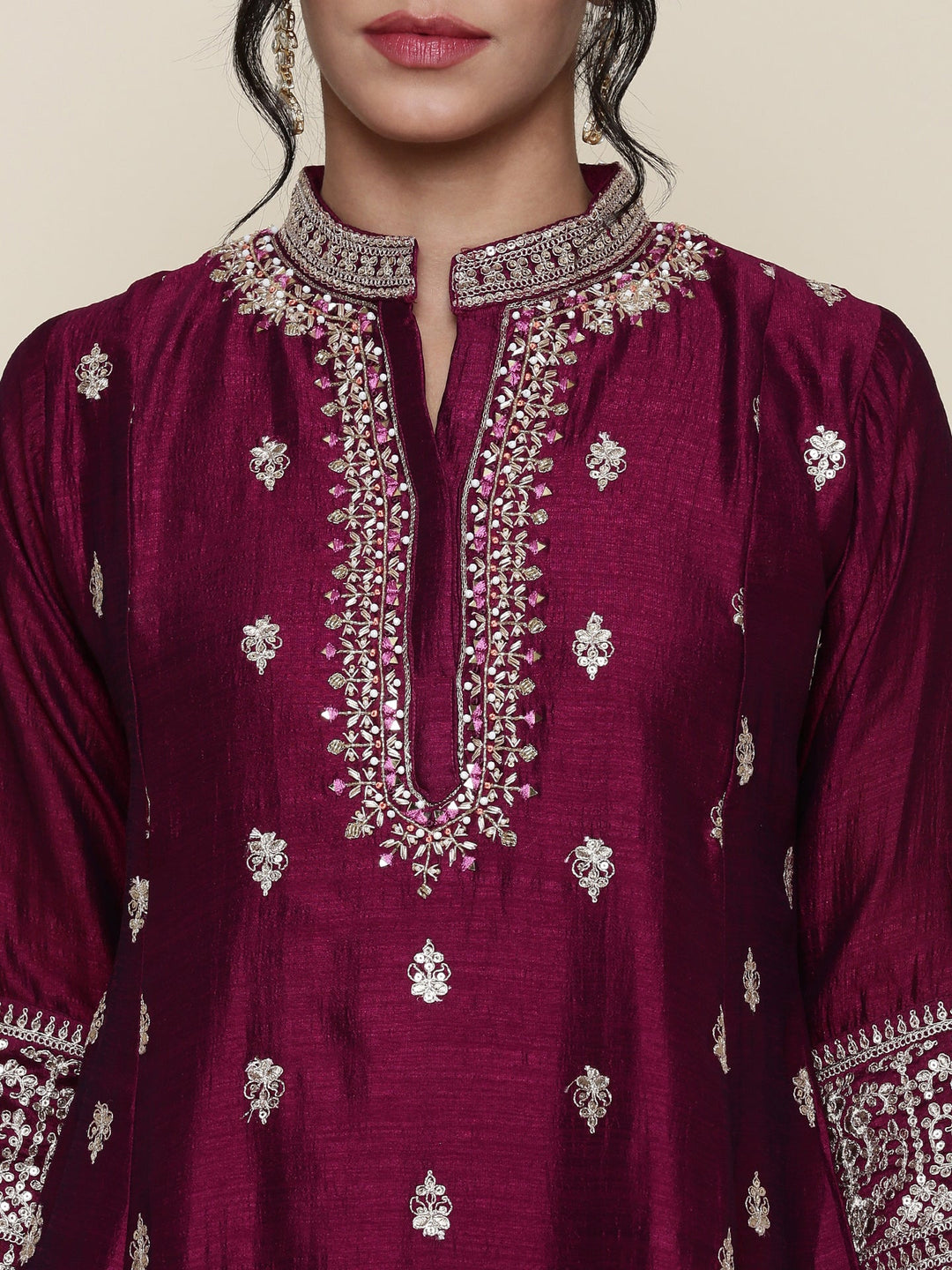 Neerus Pink silk embroidered Anarkali suit set - detail view 1