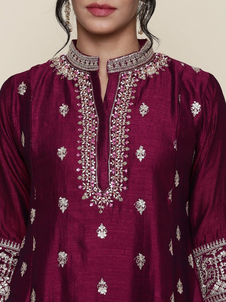 Neerus Pink silk embroidered Anarkali suit set - detail view 1