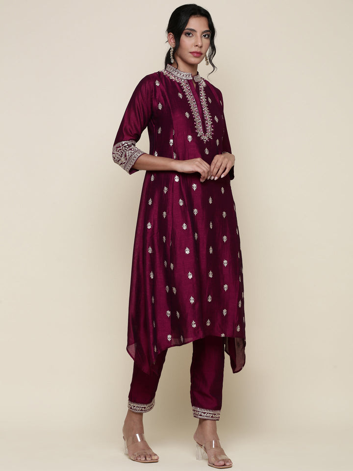 Magenta silk embroidered three piece anarkali set