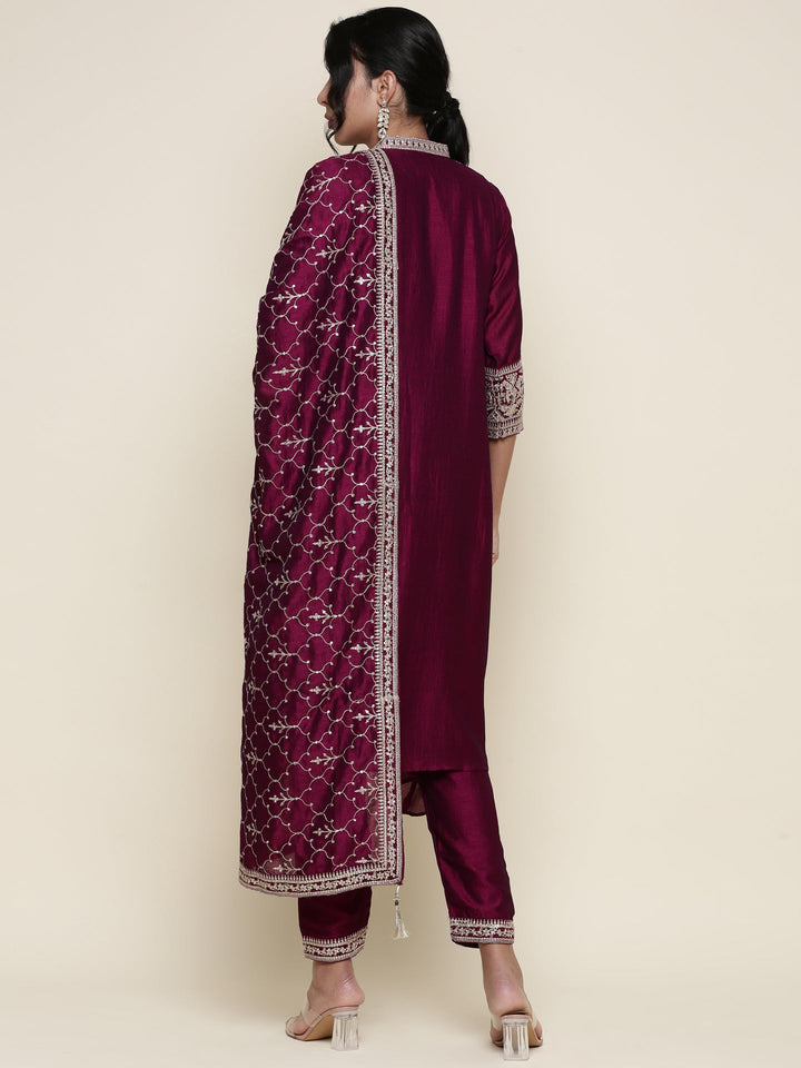 Magenta silk embroidered three piece anarkali set