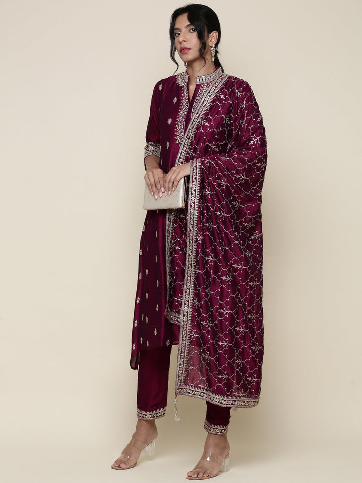 Magenta silk embroidered three piece anarkali set