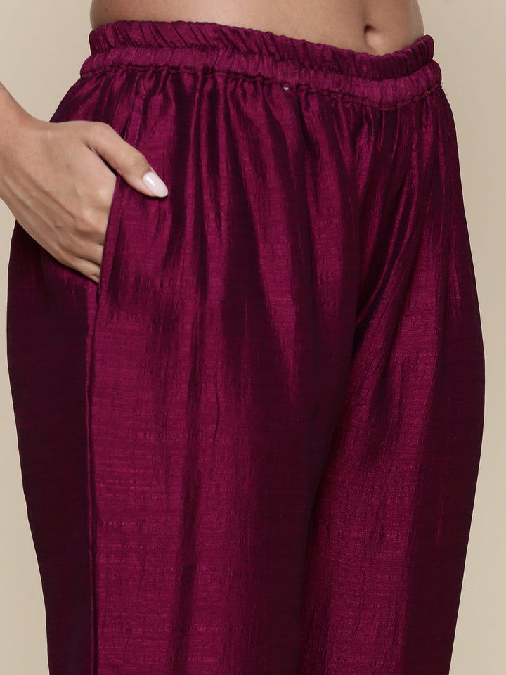 Magenta silk embroidered three piece anarkali set