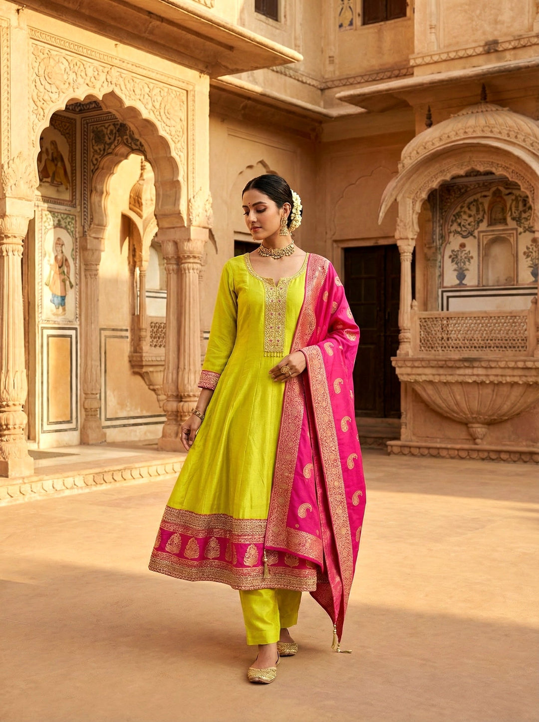 Neerus Yellow silk printed Anarkali suit set - front view