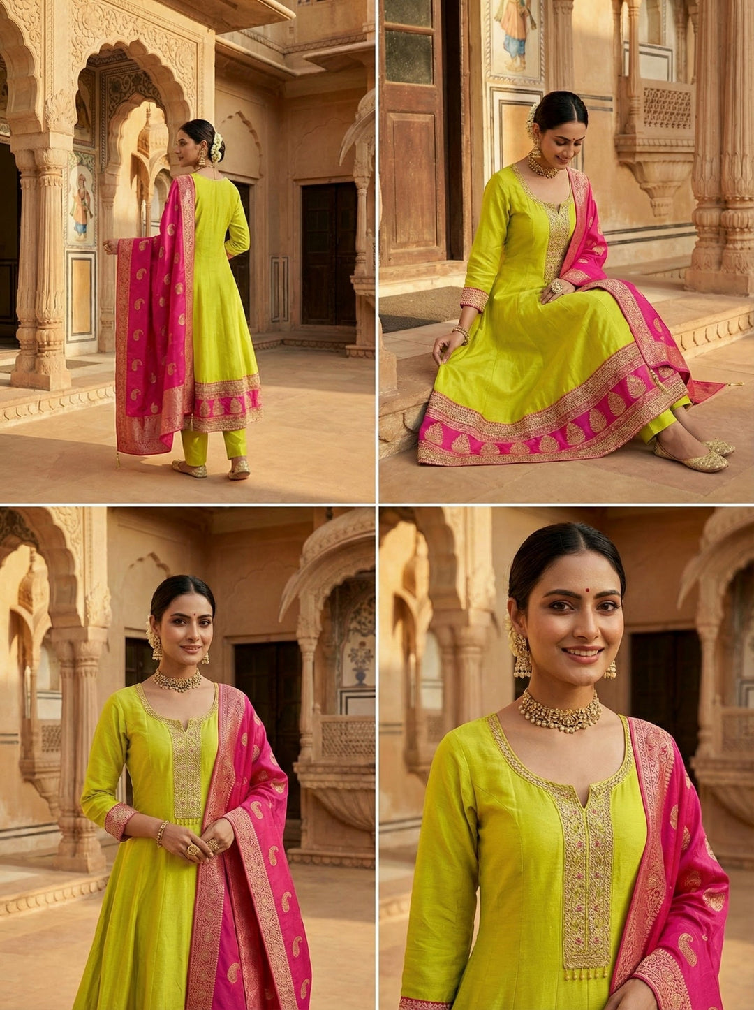 Neerus Yellow silk printed Anarkali suit set - back view