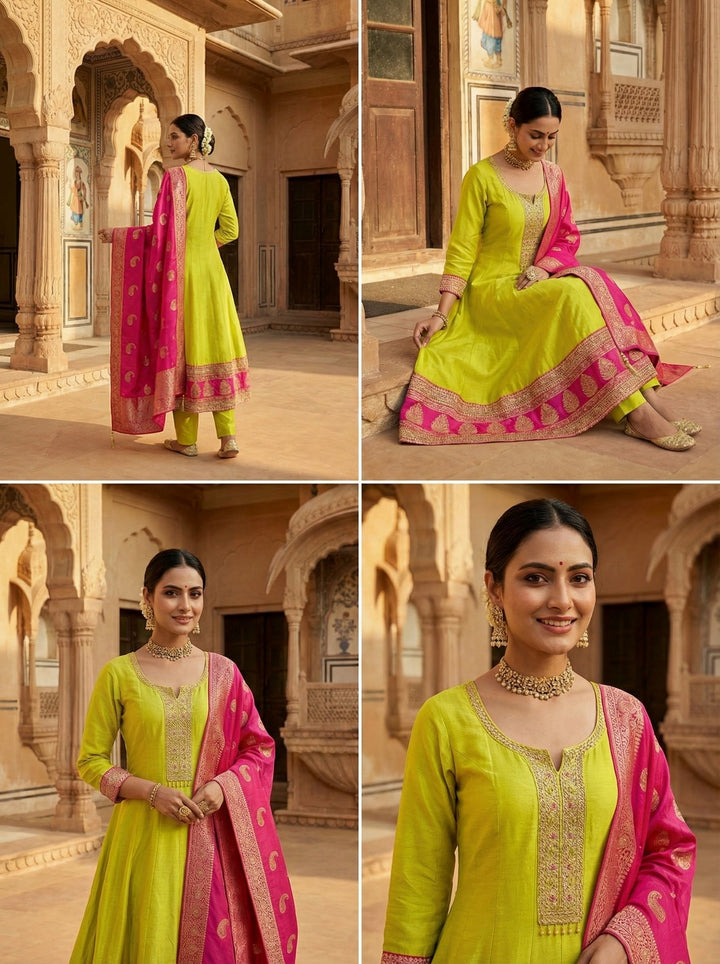 Neerus Yellow silk printed Anarkali suit set - back view