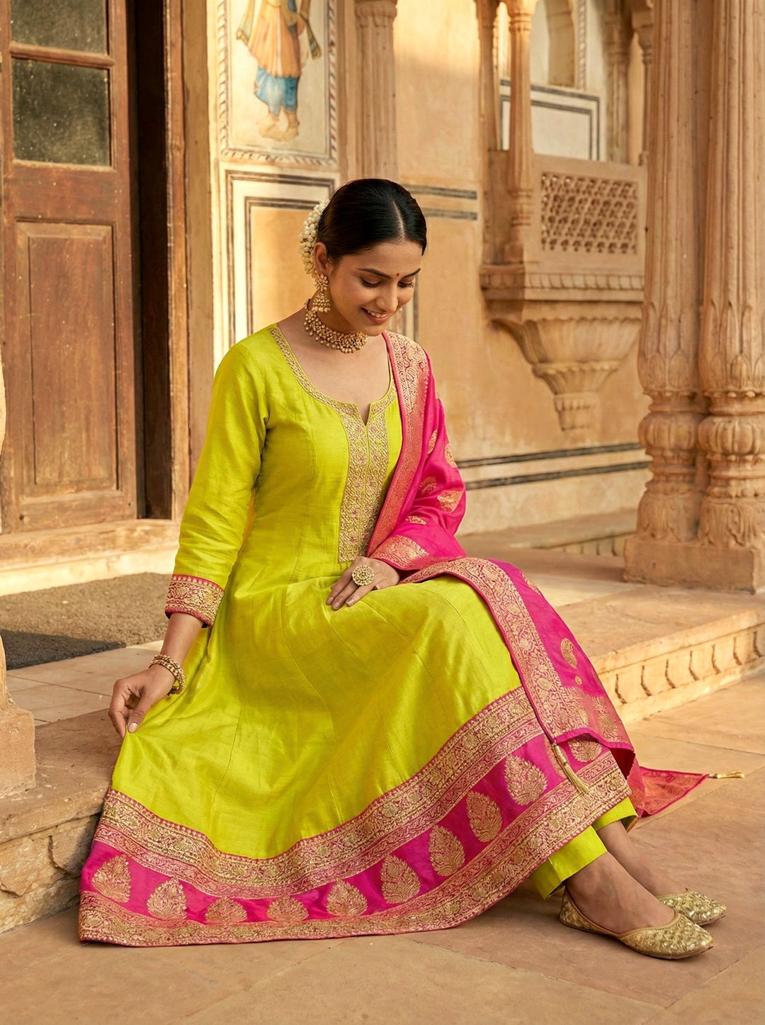 Neerus Yellow silk printed Anarkali suit set - side view