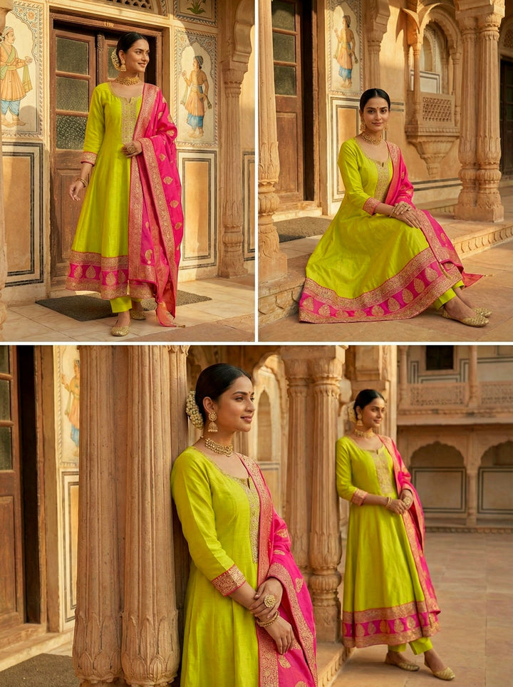 Neerus Yellow silk printed Anarkali suit set - detail view 1