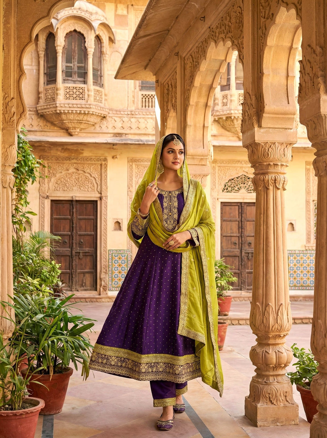 Neerus Purple silk embroidered Anarkali suit set - detail view 2