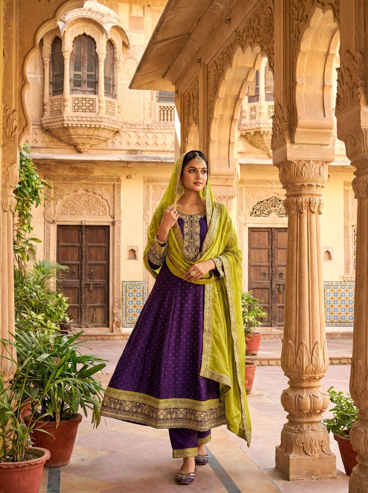 Neerus Purple silk embroidered Anarkali suit set - detail view 2