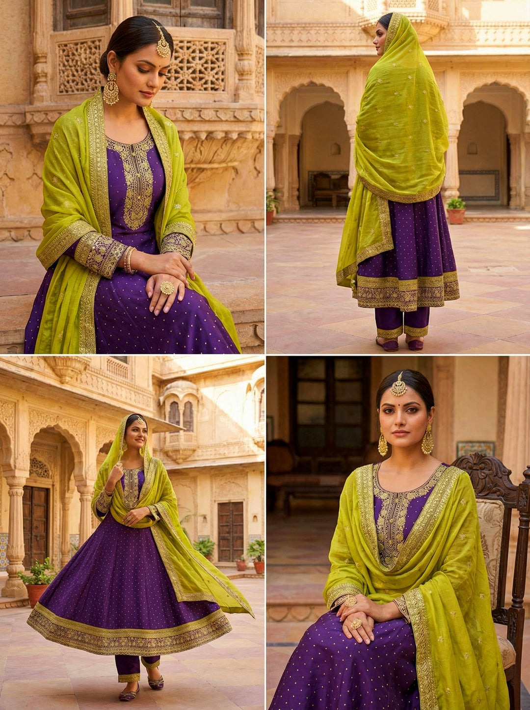 Neerus Purple silk embroidered Anarkali suit set - detail view 1