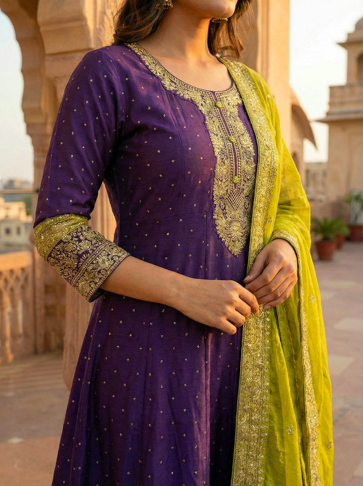 Neerus Purple silk embroidered Anarkali suit set - back view