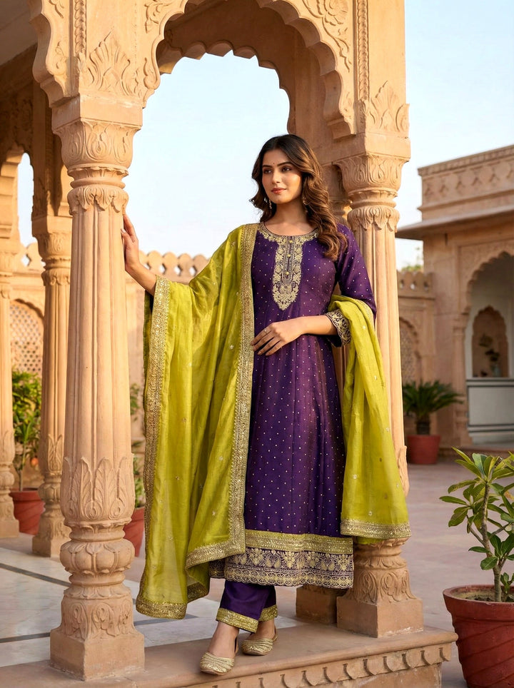 Neerus Purple silk embroidered Anarkali suit set - side view