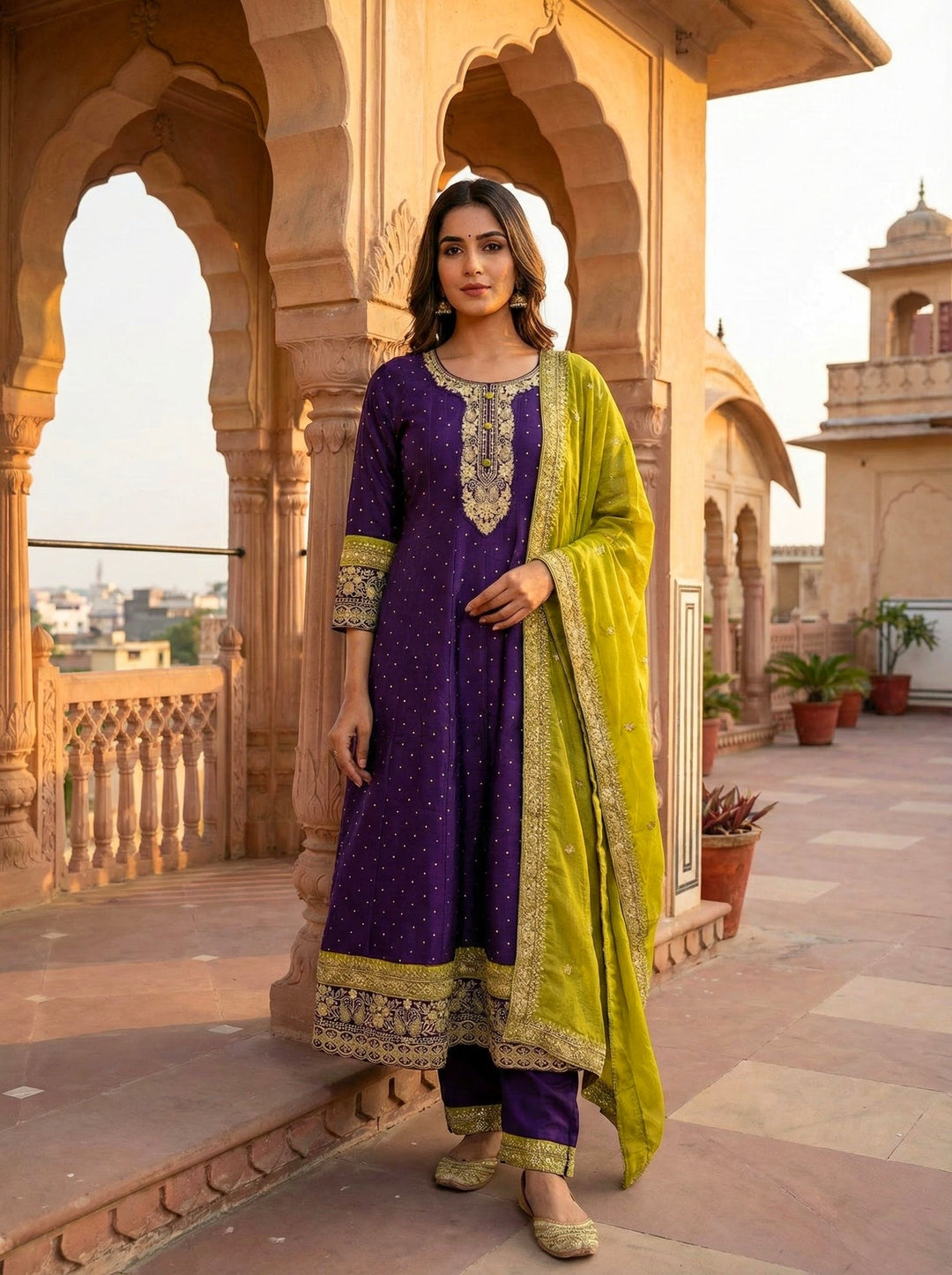 Neerus Purple silk embroidered Anarkali suit set - front view