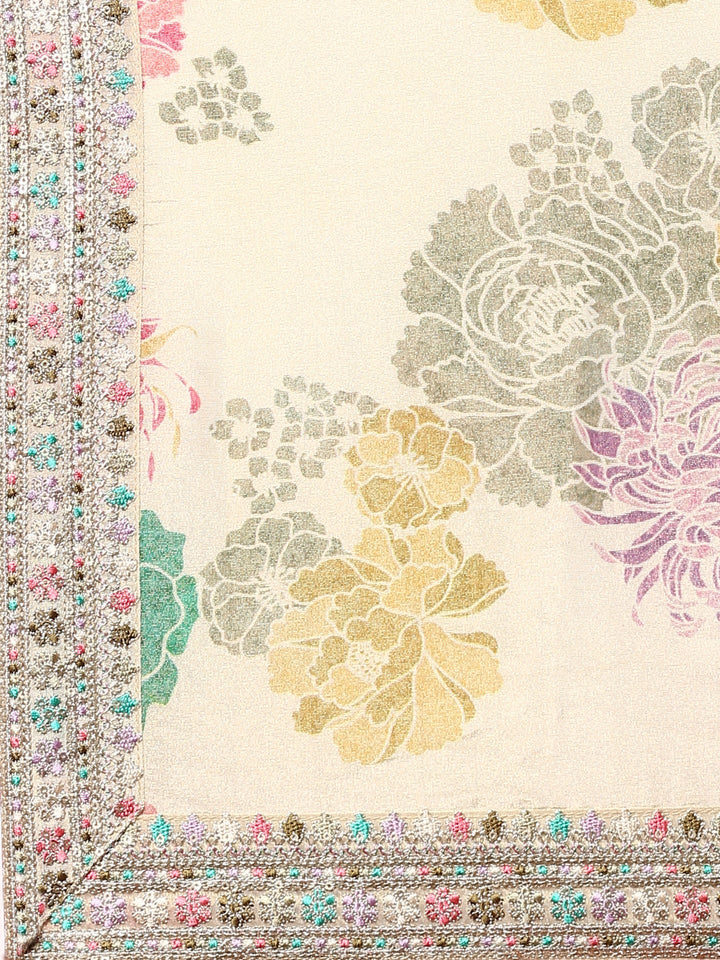 Cream crepe hand embroidered three piece suit set with Floral dupatta