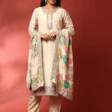 Cream crepe hand embroidered three piece suit set with Floral dupatta