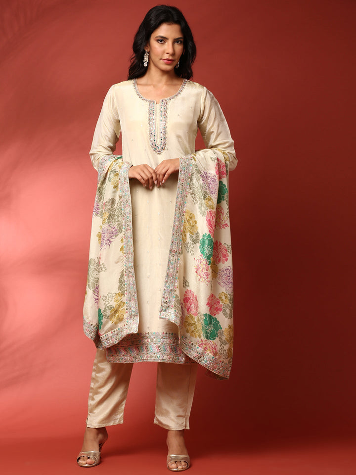 Cream crepe hand embroidered three piece suit set with Floral dupatta